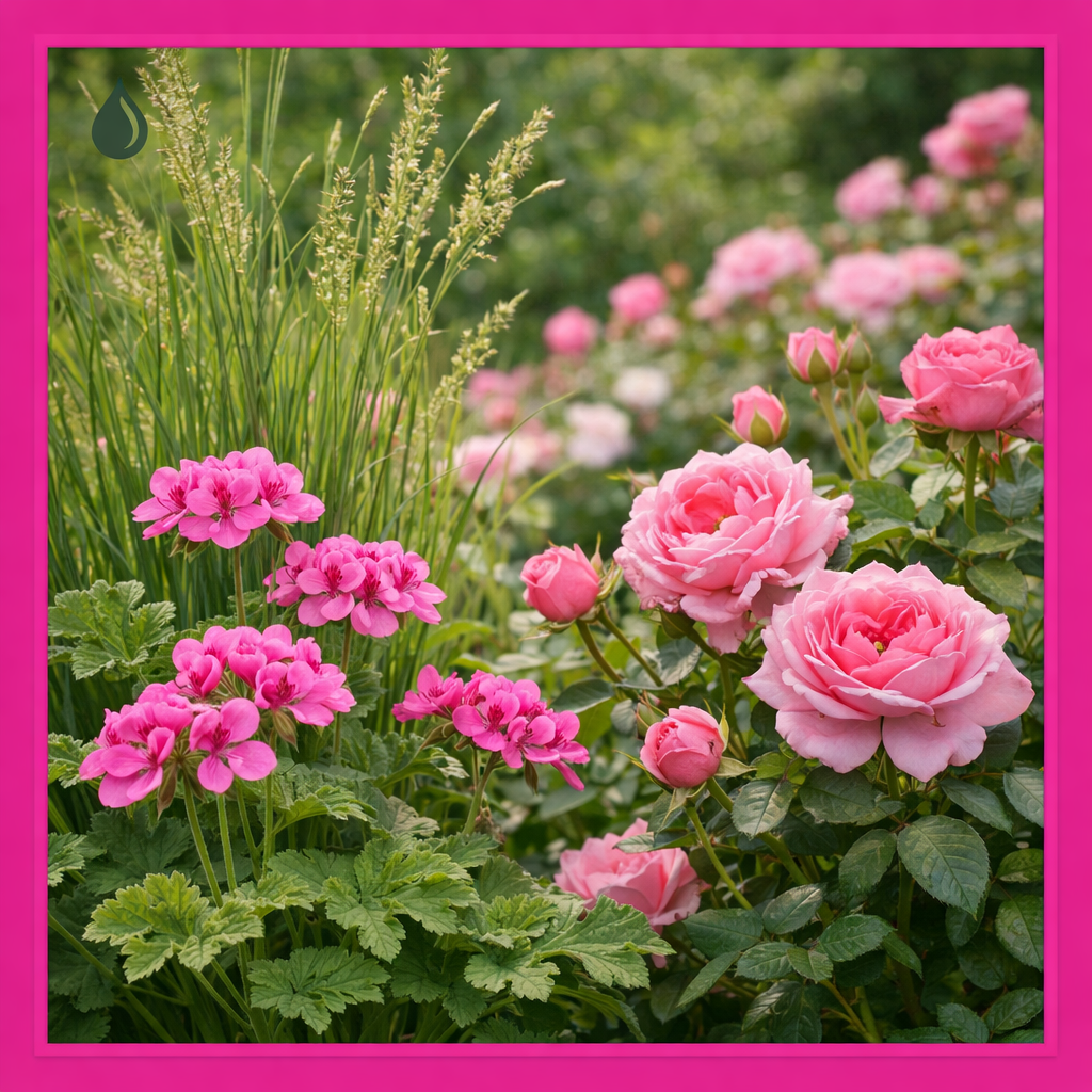 Palmarosa, rosa y geranio