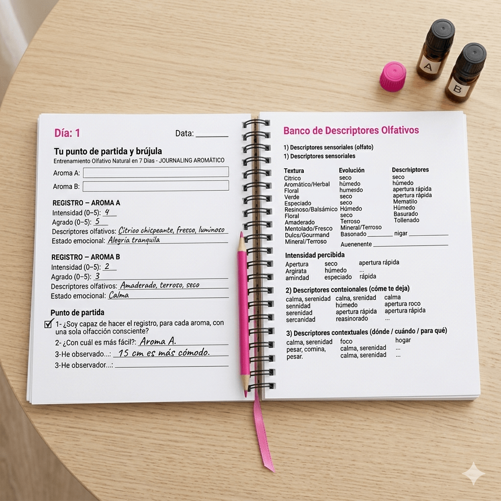 Entrenamiento olfativo con journaling aromático natural.