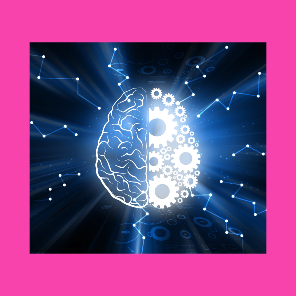 Ilustración de cerebro dividido entre anatomía neuronal y engranajes mecánicos sobre fondo azul tecnológico